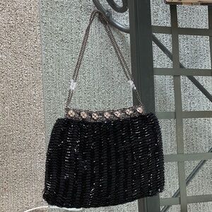 Vintage Etnika Bohemian Black and Silver Beaded Evening Bag, Formal Event